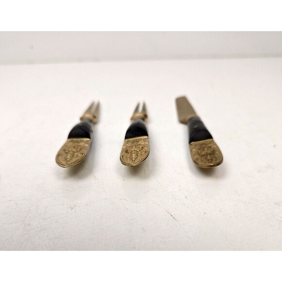 Vintage Cocktail Fork & Mini Spreader Buddha Bronze Brass Rosewood Siam Thailand - Picture 6 of 9